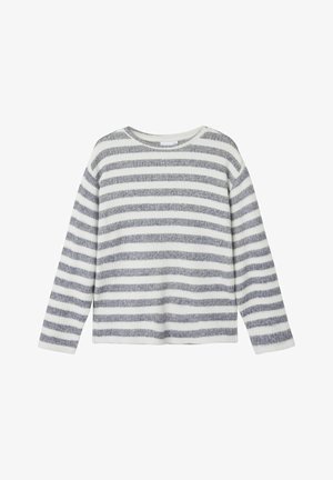 Maglia a maniche lunghe a righe in bianco e grigio. Tessuto a coste, scollatura rotonda e vestibilità comoda. Presenta righe orizzontali di larghezze variabili.