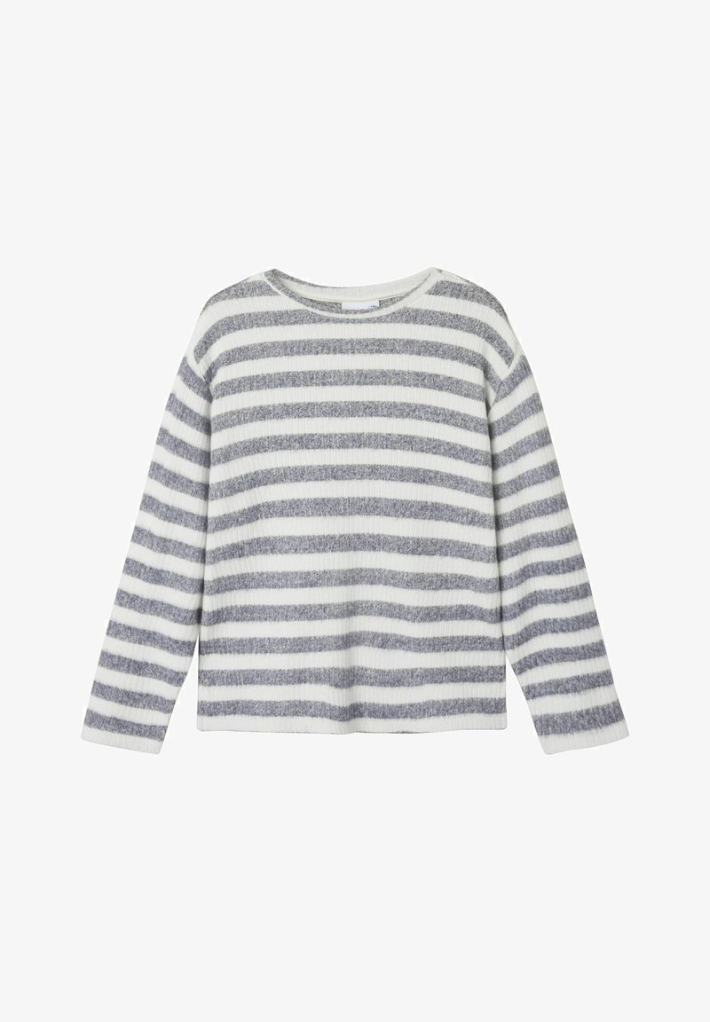 Gestreiftes Langarmoberteil in Weiß und Grau. Rippstruktur, runder Halsausschnitt und lockere Passform. Mit horizontalen Streifen in unterschiedlicher Breite.