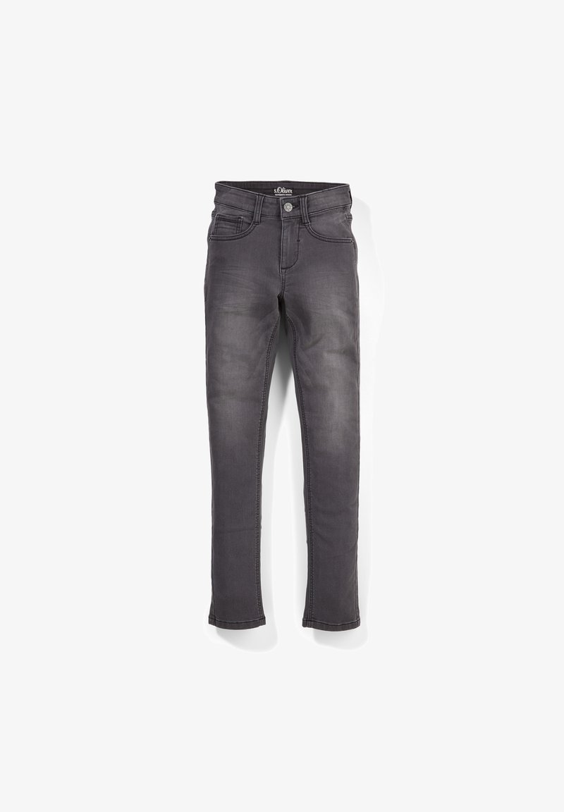 Pantalon en denim gris avec une coupe ajustée, comprenant cinq poches, une fermeture à bouton à l'avant et des passants de ceinture. Texture lisse avec des détails de couture minimaux.