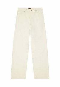 Ecru-kleurige wijde spijkerbroek gemaakt van denim, met een knoopsluiting, vijf zakken en contrasterende stiksels.