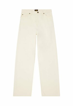 Cremfarbene, weit geschnittene Jeanshose mit Knopfverschluss, fünf Taschen und kontrastierenden Nähte.