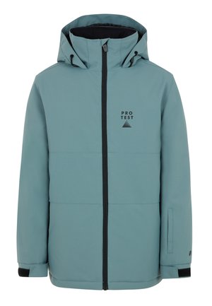 Teal Wetterjacke mit Kapuze, Reißverschluss, schwarzen Akzenten und Logo. Sie hat eine glatte Textur und lange Ärmel mit Manschetten.