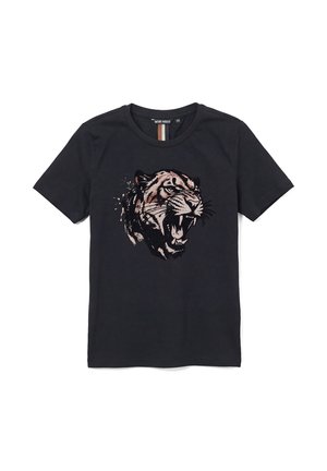 Zwart T-shirt met korte mouwen en een gedetailleerde afbeelding van een brullende tijgerkop in beige en zwart middenvoor.
