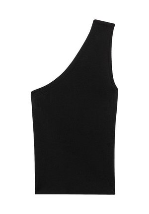 Haut en tricot noir à côtes avec une silhouette asymétrique unique et une seule bretelle. Texture lisse, sans matériel visible ni motif.