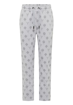 Lys grå joggebukser med et gjentatt geometrisk mønster i mørkere grått. Snor i livet og tapered ben-design med sidelommer.