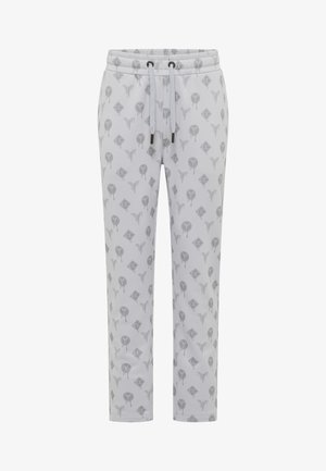 Lys grå joggebukser med et gjentatt geometrisk mønster i mørkere grått. Snor i livet og tapered ben-design med sidelommer.