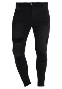 Jeans skinny de mezclilla negra con detalles rasgados, que presentan una textura suave, cintura alta y un diseño clásico de cinco bolsillos.