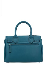 Borsa a mano in pelle verde acqua con doppi manici, tasca frontale con zip e dettagli piatti. Presenta una forma strutturata e una texture liscia.