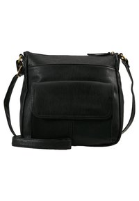 Svart läder crossbody-väska med justerbar axelrem, framficka med lock och dragkedjestängning på toppen.
