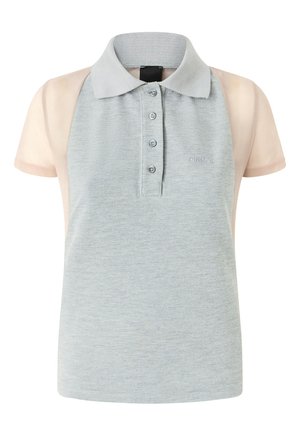 Polo en gris clair avec de courtes manches pêches. Comprend un col, une patte de boutonnage à quatre boutons et un logo brodé. Tissu doux et texturé.