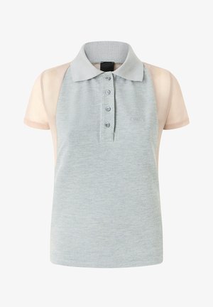Polo majica u svijetlosivoj boji s kratkim rukavima u breskovoj nijansi. Ima ovratnik, placket s četiri gumba i izvezeni logo. Mekana, teksturirana tkanina.