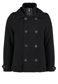 Manteau pea-coat noir à double boutonnage avec six boutons, col montant avec fermeture éclair intérieure et détail en tricot côtelé, poignets boutonnés et poches latérales.