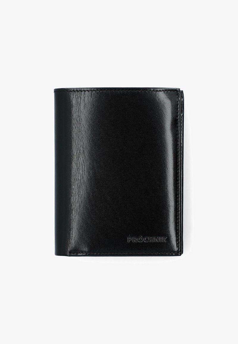 Czarny skórzany portfel o błyszczącym wykończeniu, składany w designie bi-fold, z minimalnym przeszyciem i wytłoczonym logo z przodu. Kompaktowy i prostokątny kształt.