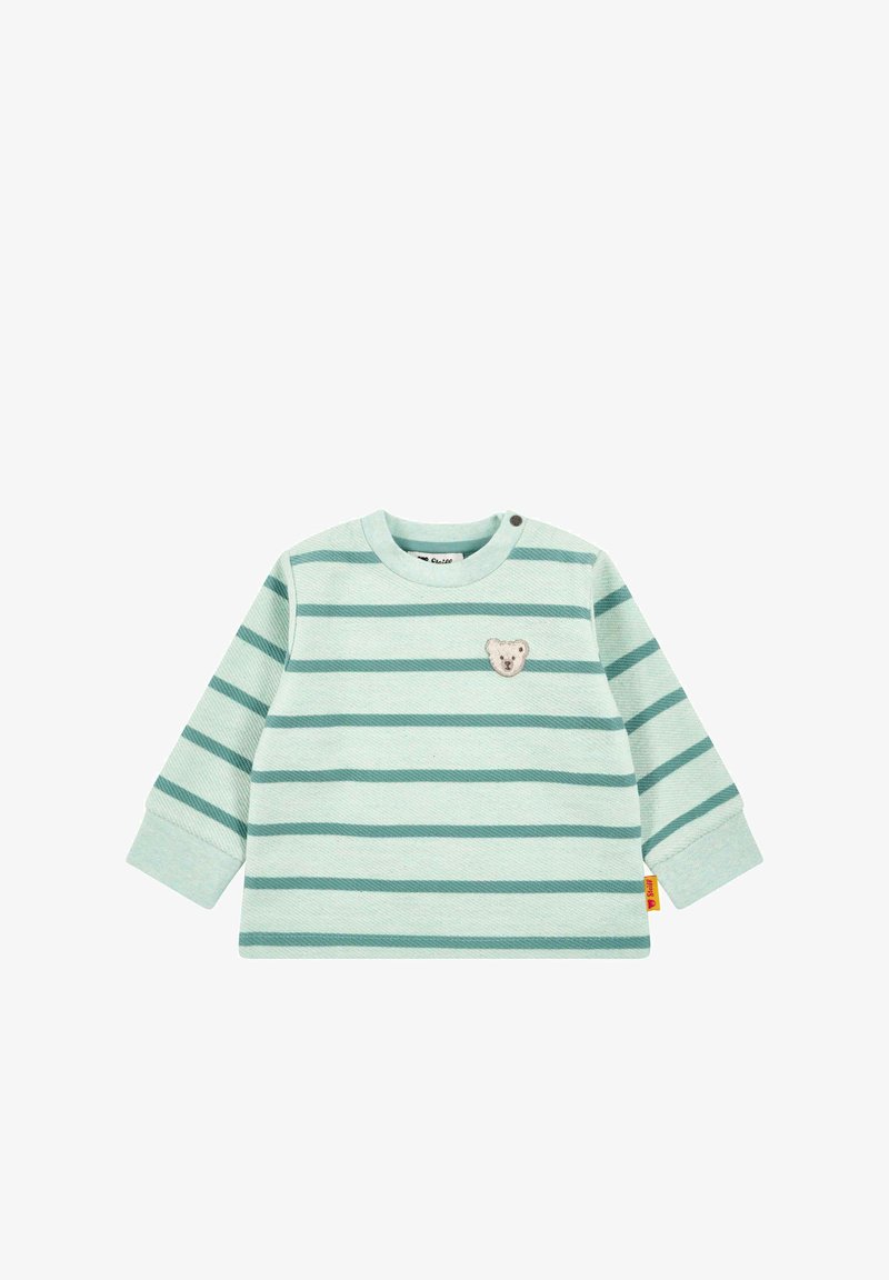 Lichtmintgroene longsleeve met horizontale donkergroene strepen en een berenapplicatie op de borst. Voorzien van een ronde halslijn en drukknoopsluiting.