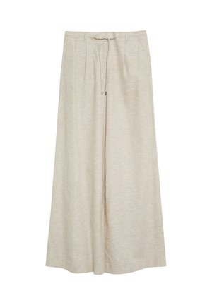 Beżowe spodnie o szerokich nogawkach z sznurkiem w talii, przednimi zakładkami i miękką strukturą tkaniny, zaprojektowane dla codziennego komfortu.