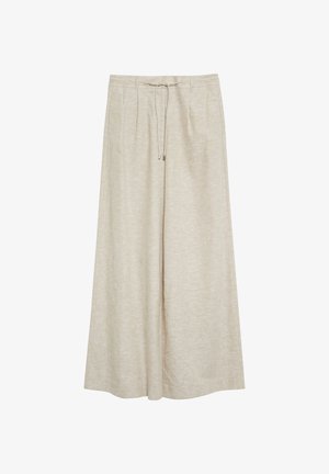 Beżowe spodnie o szerokich nogawkach z sznurkiem w talii, przednimi zakładkami i miękką strukturą tkaniny, zaprojektowane dla codziennego komfortu.