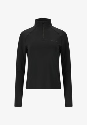 Musta pitkähiha pulloveri korkealla kauluksella, jossa on puolivetoketju edessä, valmistettu sileästä, joustavasta materiaalista ja jossa on minimaalinen brändäys.