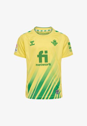 Gelbes Fußballtrikot mit grünen Akzenten; verfügt über diagonale Streifen und Logos. Hergestellt aus leichtem Material, mit kurzen Ärmeln und Rundhals-Design.