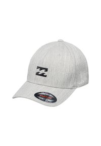 Gray cap with a textured fabric, curved brim, and an embroidered black logo. Features FLEXFIT branding on the side, designed for a snug fit.