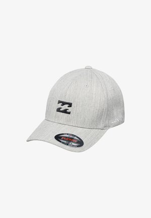 Gray cap with a textured fabric, curved brim, and an embroidered black logo. Features FLEXFIT branding on the side, designed for a snug fit.