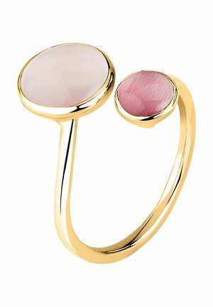 Anello aperto in oro con grande pietra rotonda rosa chiaro su un'estremità e pietra rotonda più piccola di tonalità rosa scuro sull'altra estremità.