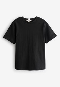 Zwart T-shirt van katoen met korte mouwen, ronde hals en rechte zoom, plat neergelegd op een witte achtergrond.