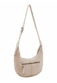 Borsa a spalla in pelle beige con forma arrotondata, tracolla regolabile e tasca frontale con zip. Texture liscia con dettagli cuciti.