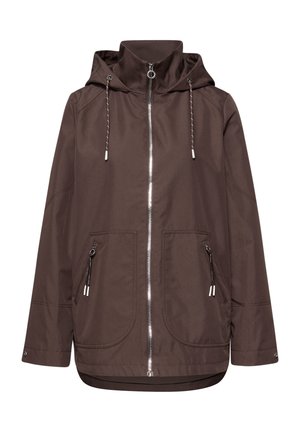 Giacca marrone con cappuccio, chiusura frontale con cerniera, cappuccio con coulisse, due tasche frontali con cerniera e polsini con bottoni a pressione.