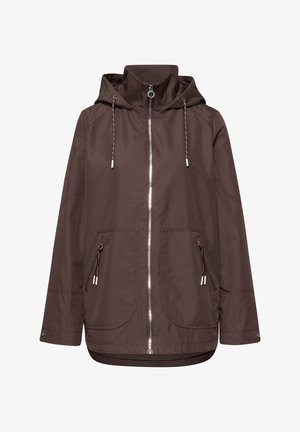 Giacca marrone con cappuccio, chiusura frontale con cerniera, cappuccio con coulisse, due tasche frontali con cerniera e polsini con bottoni a pressione.