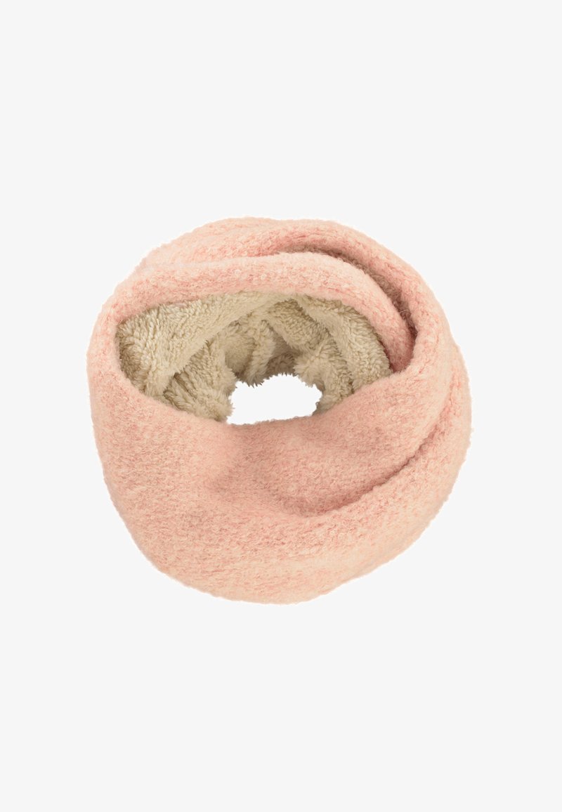 Zachte, ronde sjaal met een lichtroze buitenkant en een crèmekleurige, gestructureerde binnenvoering, gemaakt van pluizig, gezellig materiaal.