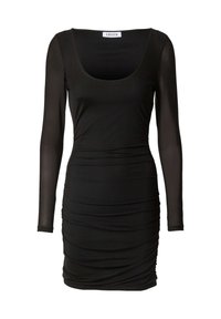 Schwarzes Langarmkleid mit einem Rundhalsausschnitt, gerafften Seitendetails und einer schmalen Passform. Aus einem glatten, dehnbaren Stoff gefertigt.