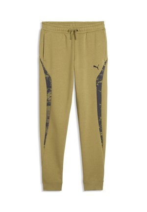 Jasno-brązowe spodnie dresowe Puma z elastycznym pasem, ściągaczem, bocznymi kieszeniami oraz ciemnymi wzorzystymi pionowymi paskami na nogawkach.