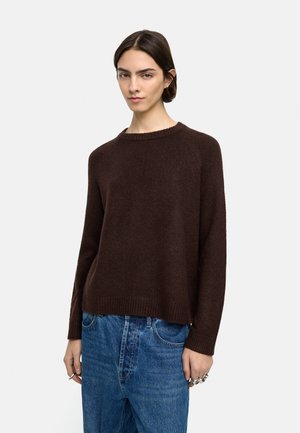 Młoda osoba o ciemnych włosach, ubrana w brązowy sweter z długim rękawem i niebieskie dżinsy, stojąca na jasnym, jednolitym tle.