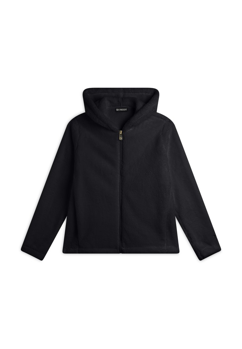 Giacca nera con cappuccio e zip, realizzata in un tessuto morbido e testurizzato. Presenta una zip frontale e maniche lunghe, progettata per comfort e calore.