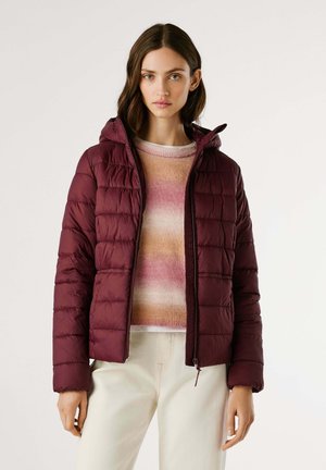 Vrouw in een donkerrode gewatteerde jas over een veelkleurige roze en beige trui met crèmekleurige broek, staand tegen een effen achtergrond.