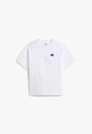 Witte Vans T-shirt met korte mouwen en klein zwart Vans-logo op de linkerborst, plat uitgestald op een witte achtergrond.