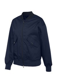 Navy blue bomber jacket in smooth fabric with ribbed cuffs and waistband, featuring two front pockets and a zip closure.