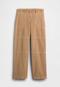 Pantalon en coton beige à coupe droite, doté de grandes poches avant, d'une fermeture éclair sur le devant et de détails de coutures horizontales.