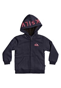 Námořnický zipový svetr s huňatou podš�ívkou v kapuci, s růžovým logem a textem na kapuci, dvěma předními kapsami a žebrovanými manžetami a dolním lemem.