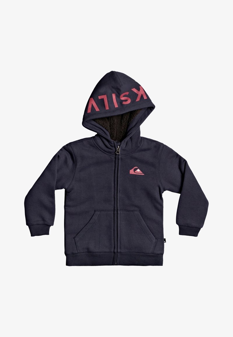 Marinblå zip-hoodie med en fluffig fodrad huva, prydd med en rosa logotyp och text på huvan, två framfickor samt ribbade muddar och avslut.