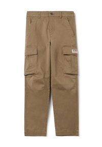 Braune Cargo-Hosen aus strapazierfähigem Material, mit zwei großen seitlichen Taschen, einem Knopfverschluss und einem geraden Bein-Design.