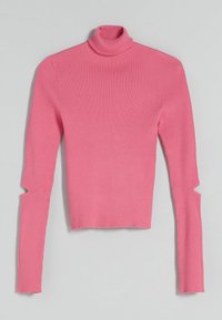 Pink ribbed turtleneck sweater with long sleeves. Notable cut-out details on the sleeves. Soft texture, cropped design.