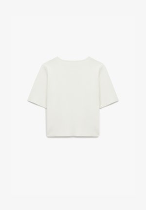 Short-sleeve, round-neck white top made from a soft, textured fabric; features a straight cut and minimal stitching details on the seams.