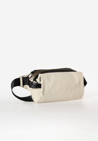 Borsa a tracolla beige realizzata in materiale resistente. Presenta una chiusura con cerniera, dettagli neri e una tracolla regolabile per un maggiore comfort.