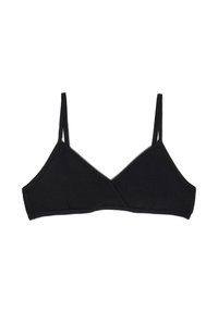 Reggiseno bralette nero in tessuto morbido con spalline sottili regolabili e bordo smerlato lungo la scollatura a V, posato su sfondo bianco.