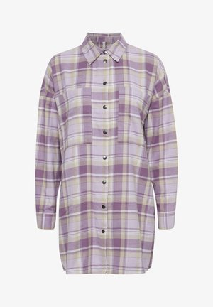 Long-sleeve button-up shirt dress with purple, beige, and white plaid pattern, featuring a pointed collar and two chest pockets.