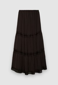 Jupe noire à volants en tissu léger, avec une finition texturée et une bordure en dentelle sur les coutures pour un détail supplémentaire. Taille élastique.