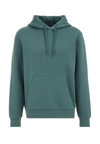 Hanorac cu glugă de culoare teal închis, având un buzunar frontal tip kangaroo, șnururi de strângere, manșete și tiv cu elastic, fabricat dintr-un material moale.