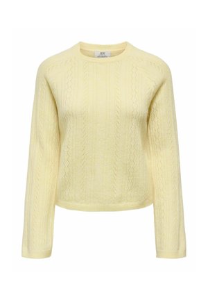 Gaiši dzeltena adīta džempera ar garām piedurknēm, apaļu izgriezumu un teksturētu pinuma rakstu. Mīksts materiāls ar brīvu pieguļumu.