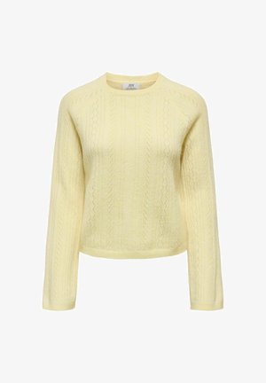 Gaiši dzeltena adīta džempera ar garām piedurknēm, apaļu izgriezumu un teksturētu pinuma rakstu. Mīksts materiāls ar brīvu pieguļumu.